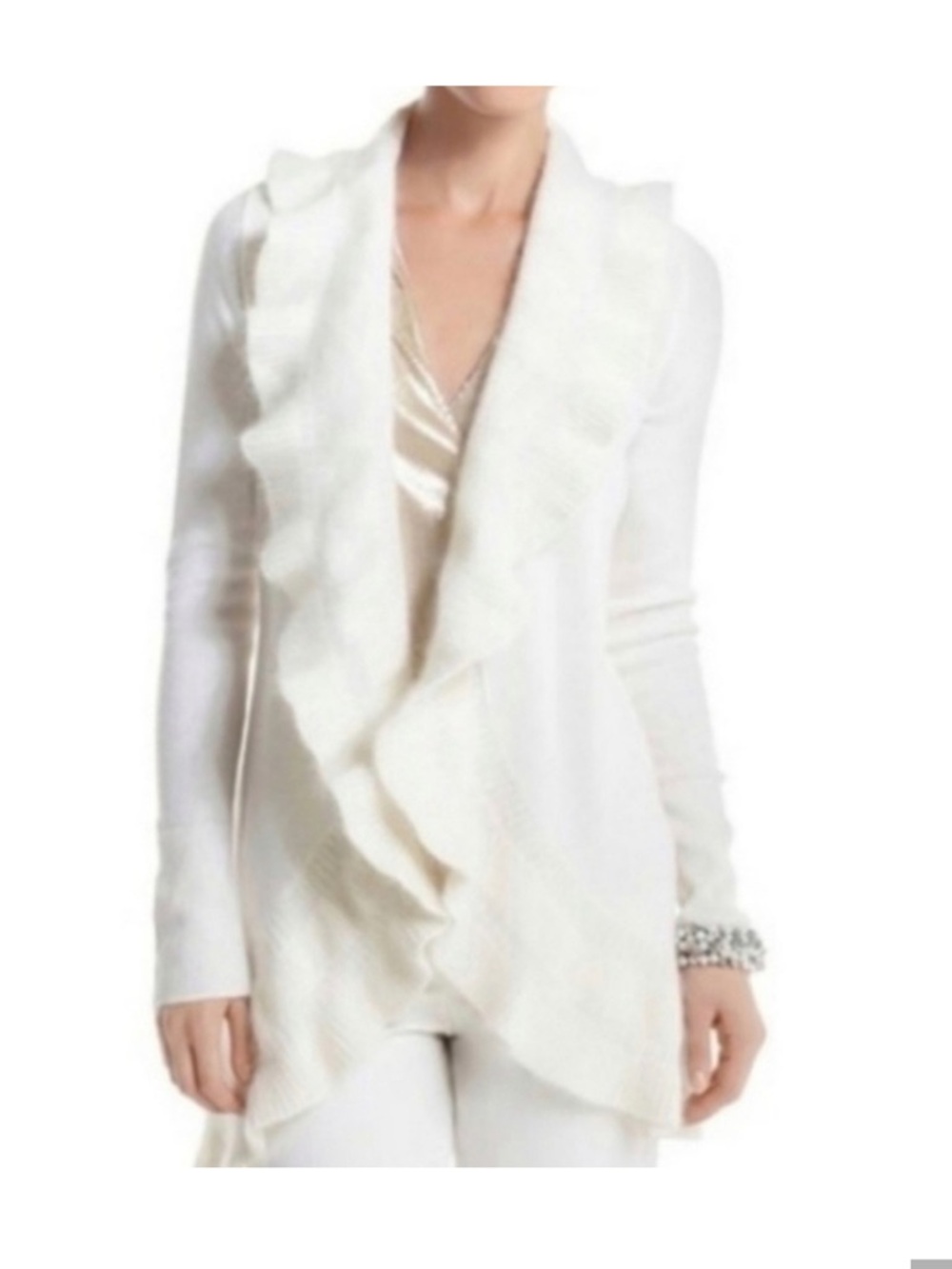 White House Black Market Sweater Cream Ruffle-Trim Open Cardigan Size Small
